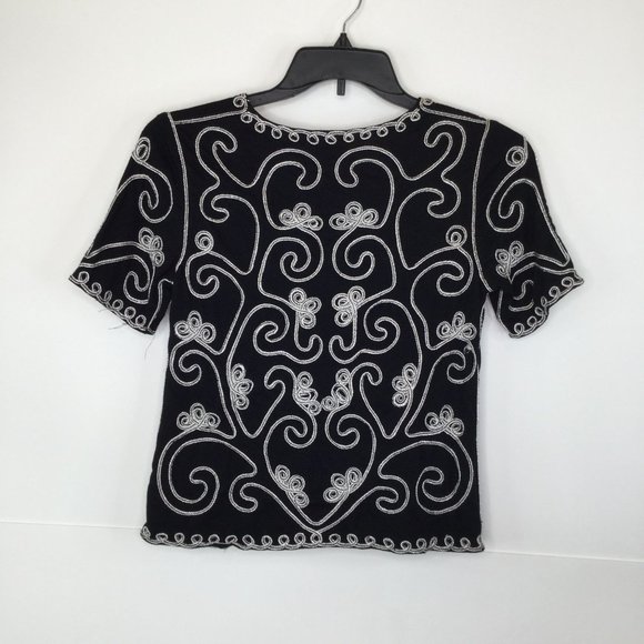 Objects D'Art Blouse Women Small Black White Embroidered Short Sleeve Swirl - Picture 4 of 5